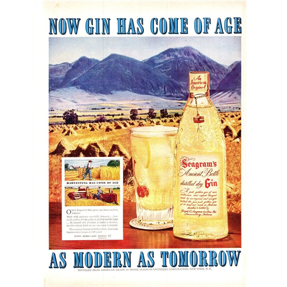 1951 Seagram's Ancient Bottle Gin Vintage Print Ad Old West Landscape Wall Art